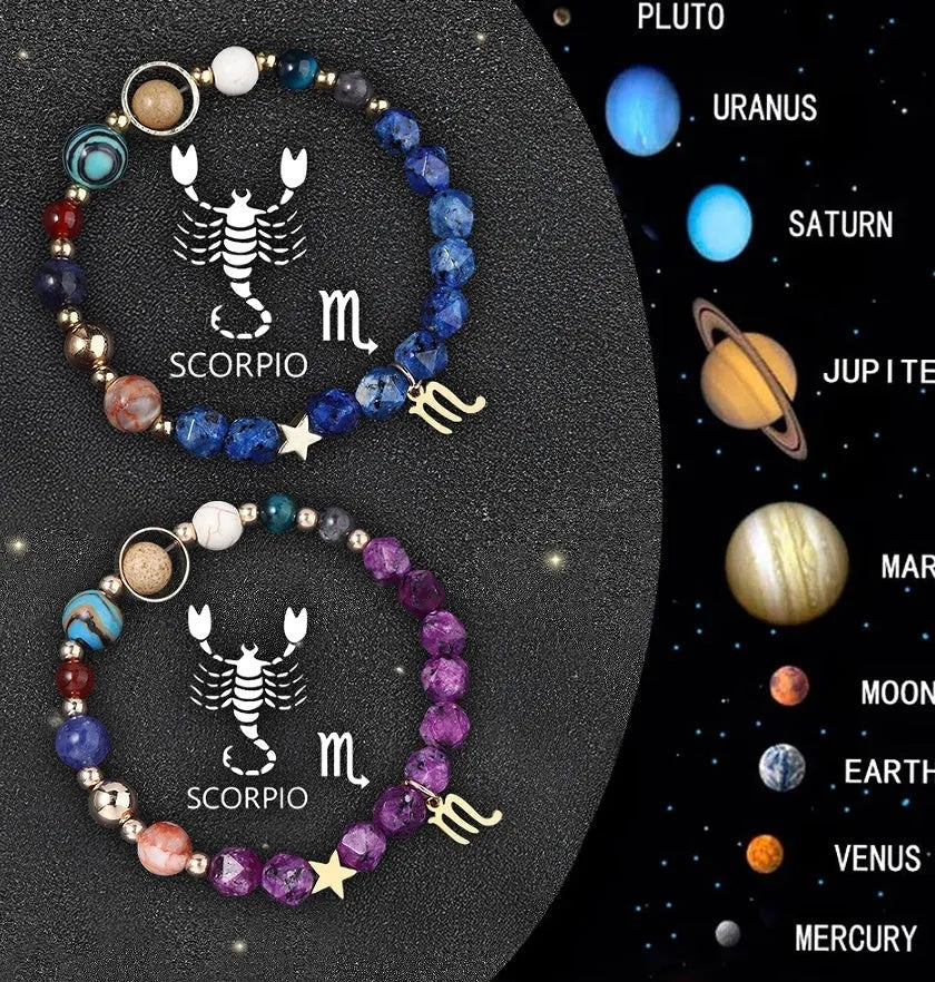 Set of twelve natural stone beaded bracelets showing different zodiac sign designs on elastic cords