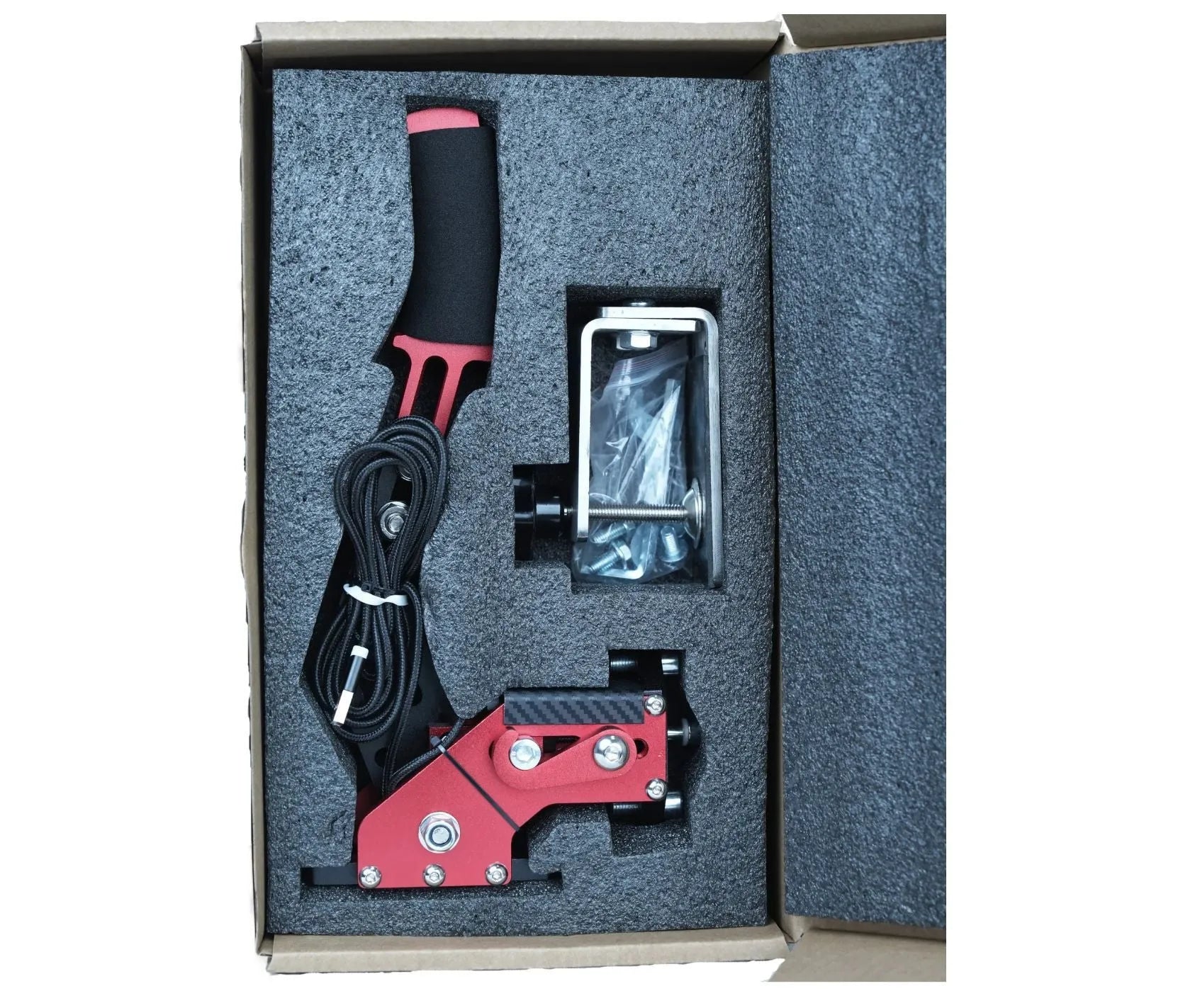 Aluminum linear handbrake body with clamp for drift racing simulators compatible with Logitech and Thrustmaster wheels