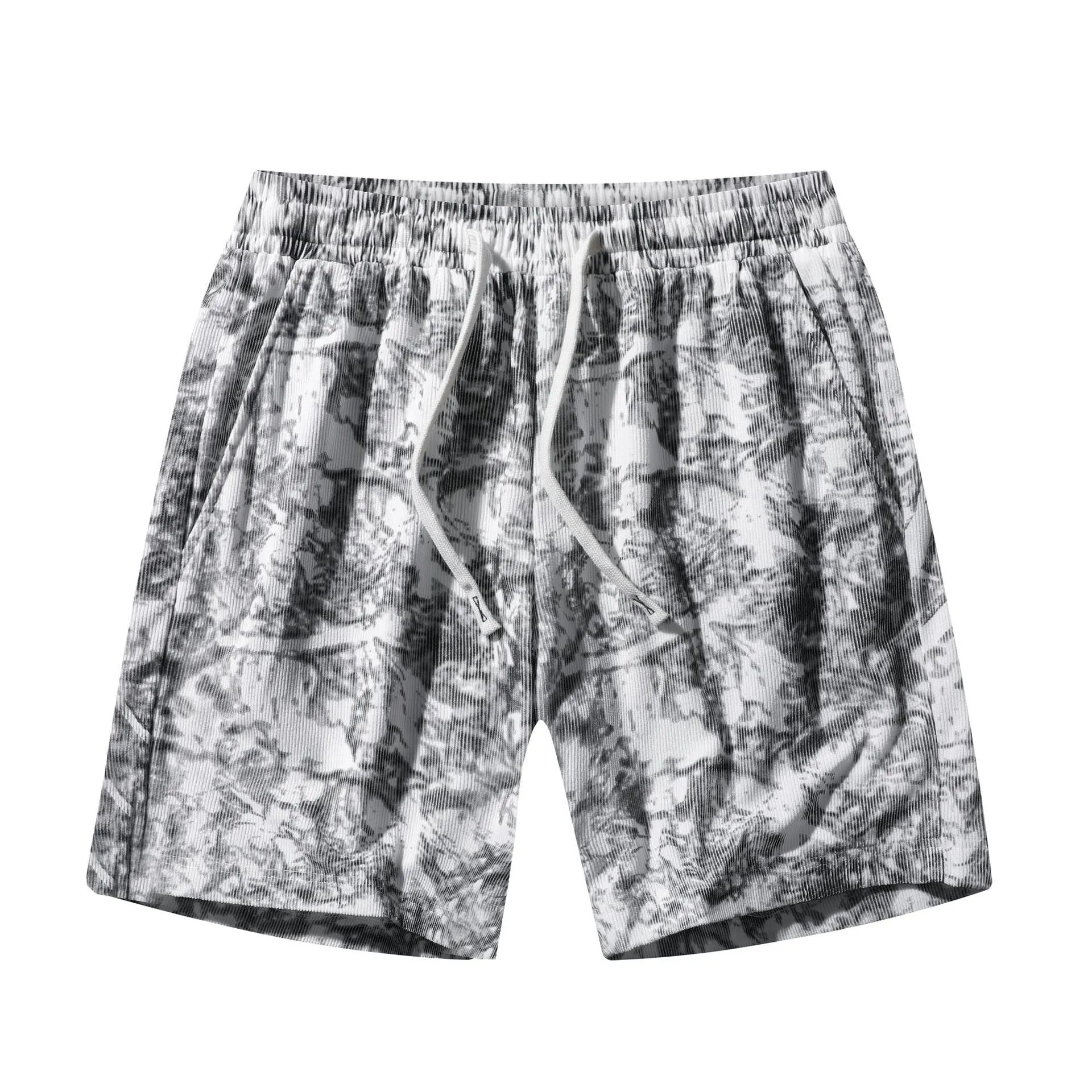 Men's camouflage pattern corduroy shorts with an elasticated high waistband on a plain background.
