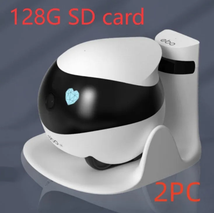 White mobile surveillance robot camera with automatic docking station on wooden floor