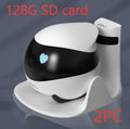 White mobile surveillance robot camera with automatic docking station on wooden floor