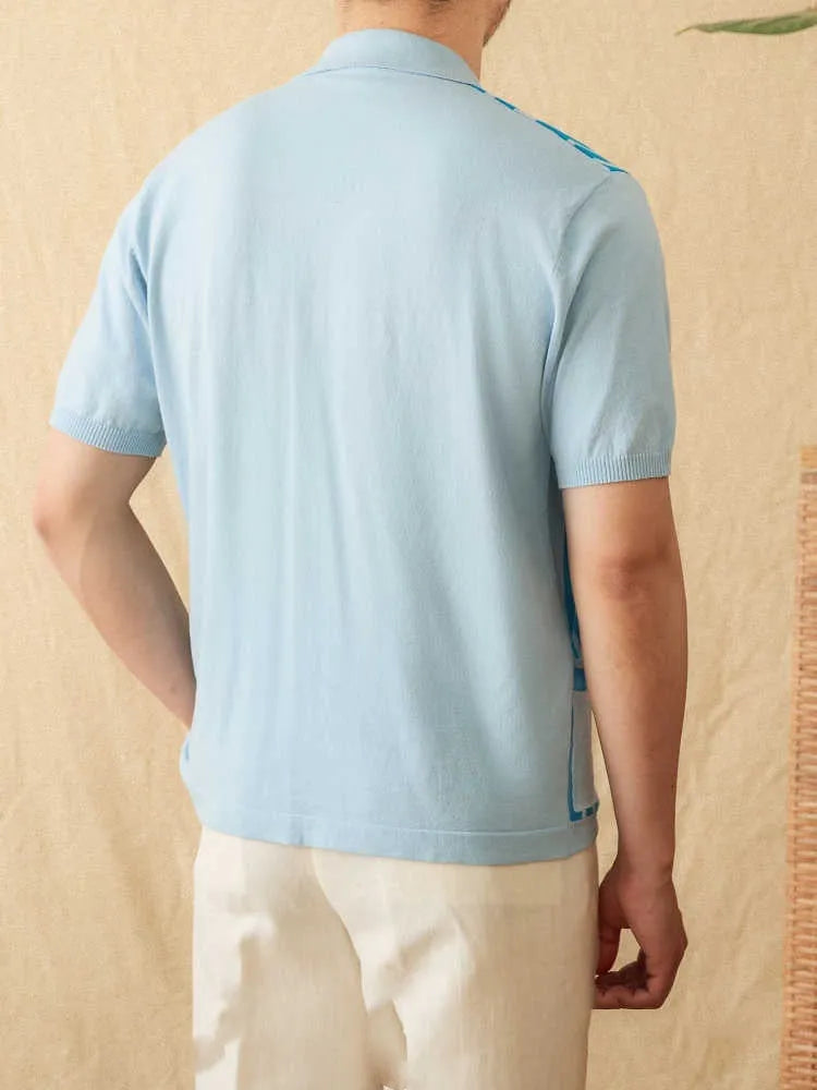 Men's striped cardigan polo shirt with lapel collar and short sleeves in cotton blend fabric