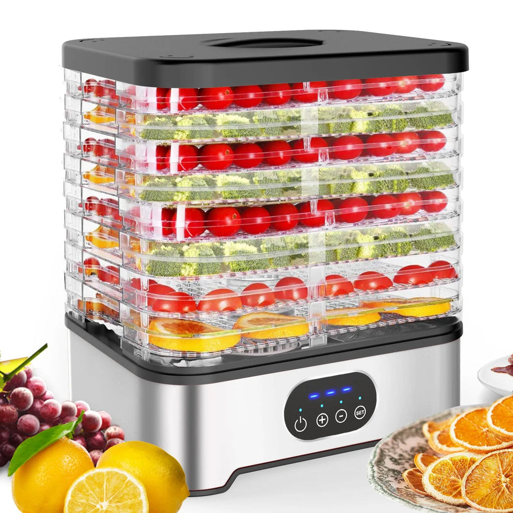 Silver and red household food dehydrator with 8 expandable drying trays.