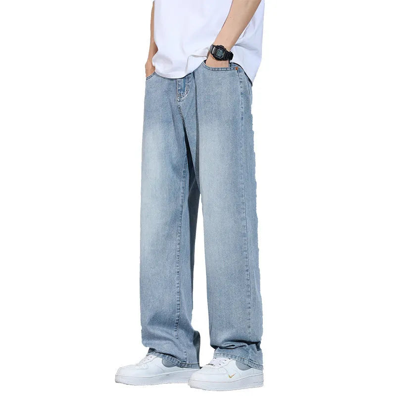 Straight-leg trousers in thin ice silk denim with wide-leg casual styling and zip fly