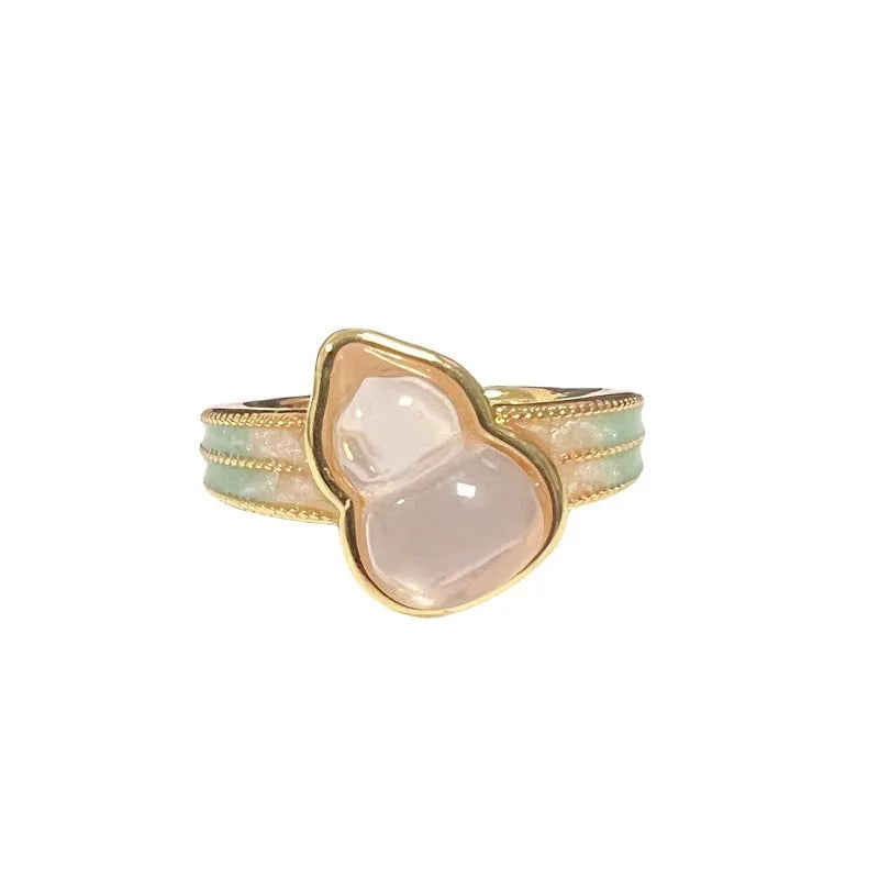 Adjustable copper gourd ring with flower and bow design in New Chinese style featuring inlaid zircon stones