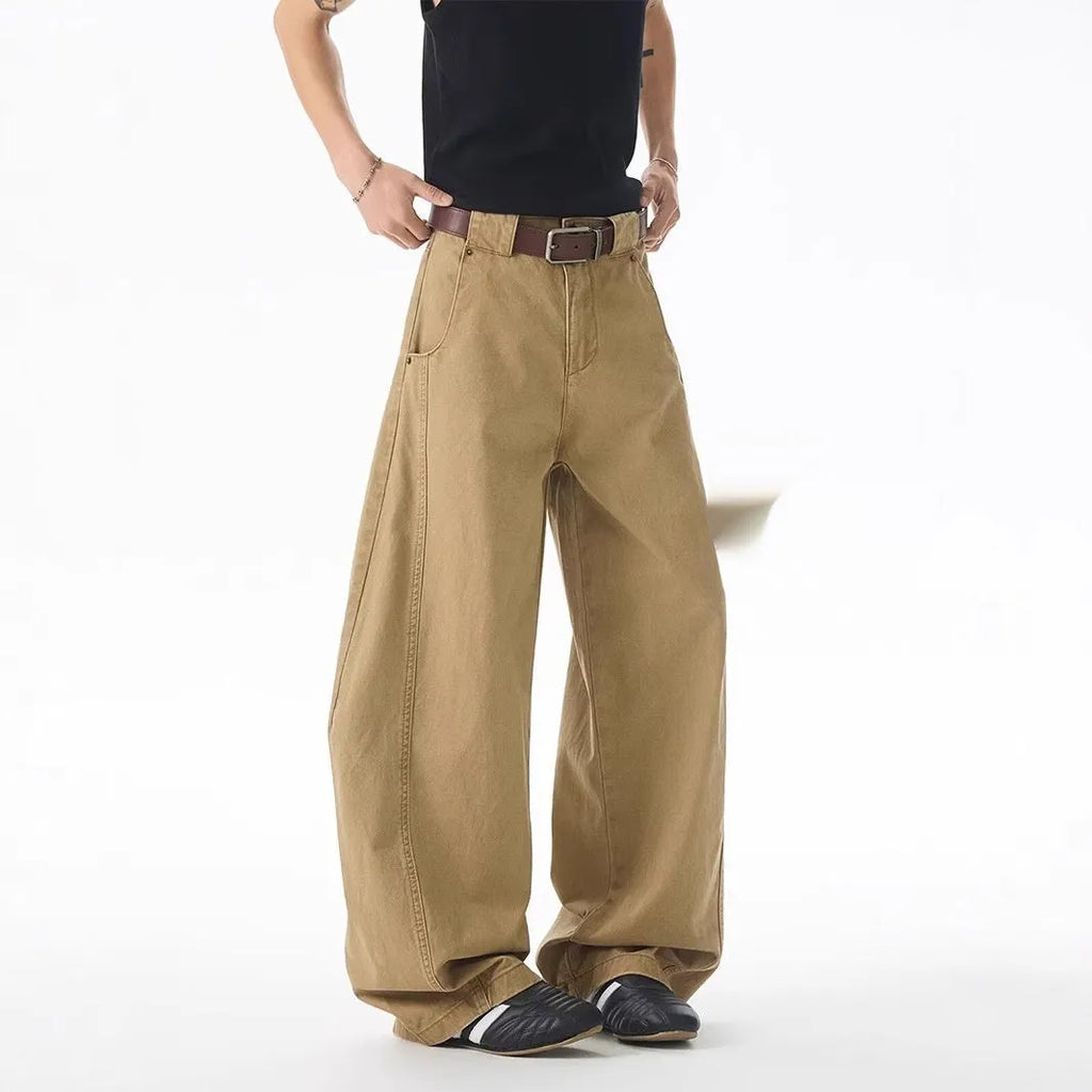 Men's brown loose fit straight leg jeans with cardigan button opening and micro elastic denim fabric