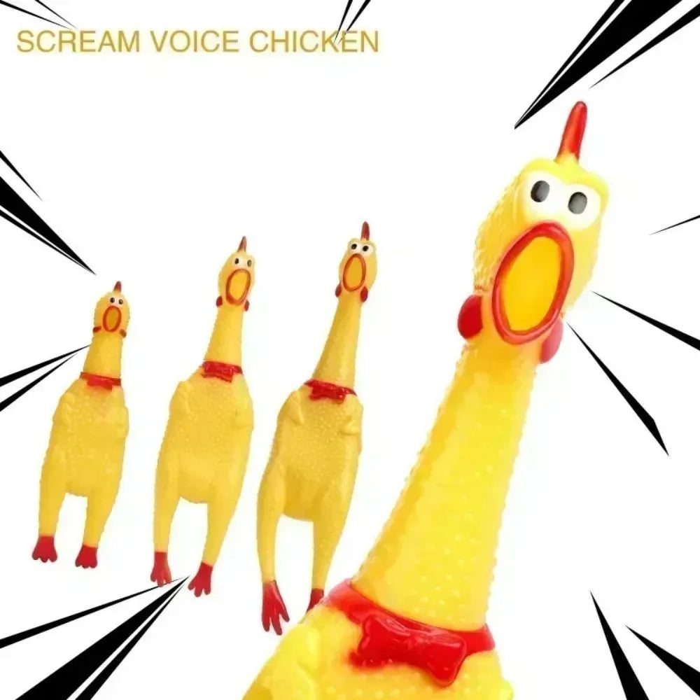 Yellow rubber screaming chicken dog chew toy showing three size options: small, medium, and large