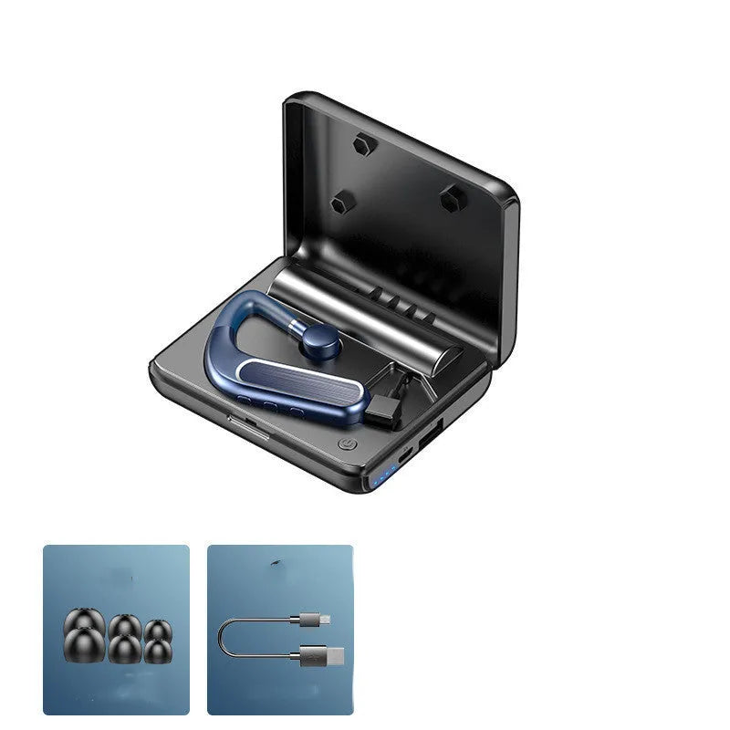 Black Bluetooth wireless earphones with hanging ear design and three sets of silicone ear caps