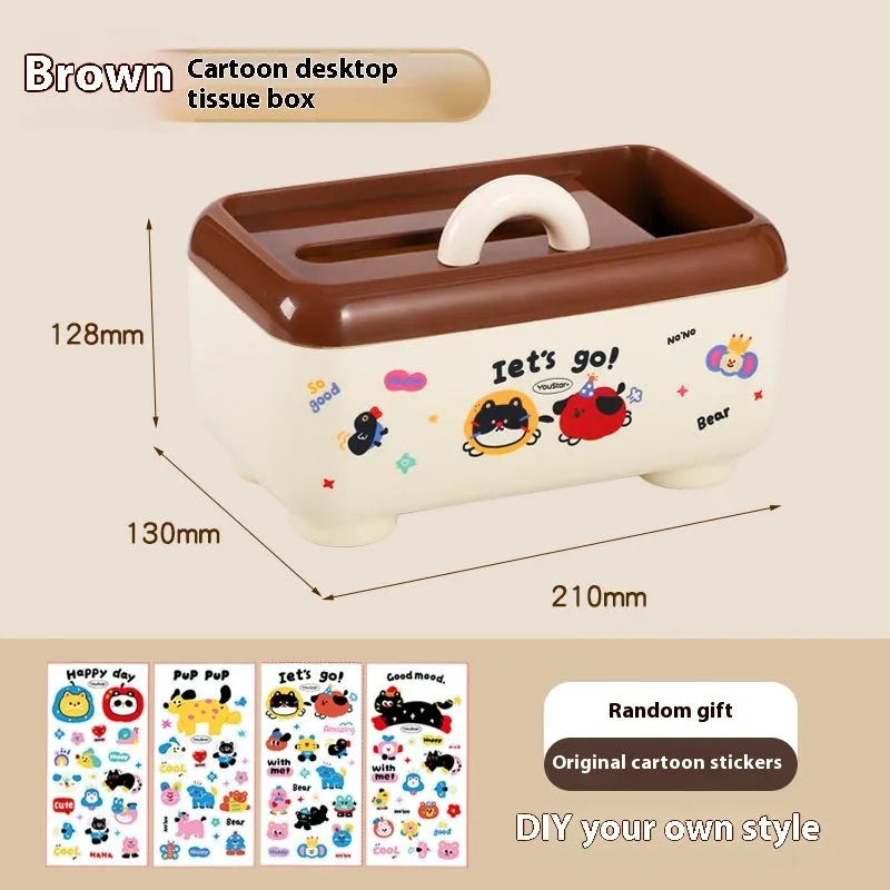 Cartoon design plastic desktop organiser with storage box, pen container, tissue box and coin bank accessories in red and brown colours
