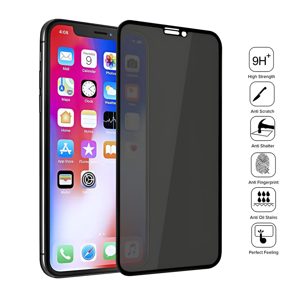 Black anti-peeping tempered glass screen protector film for Apple iPhone on a packaging card.