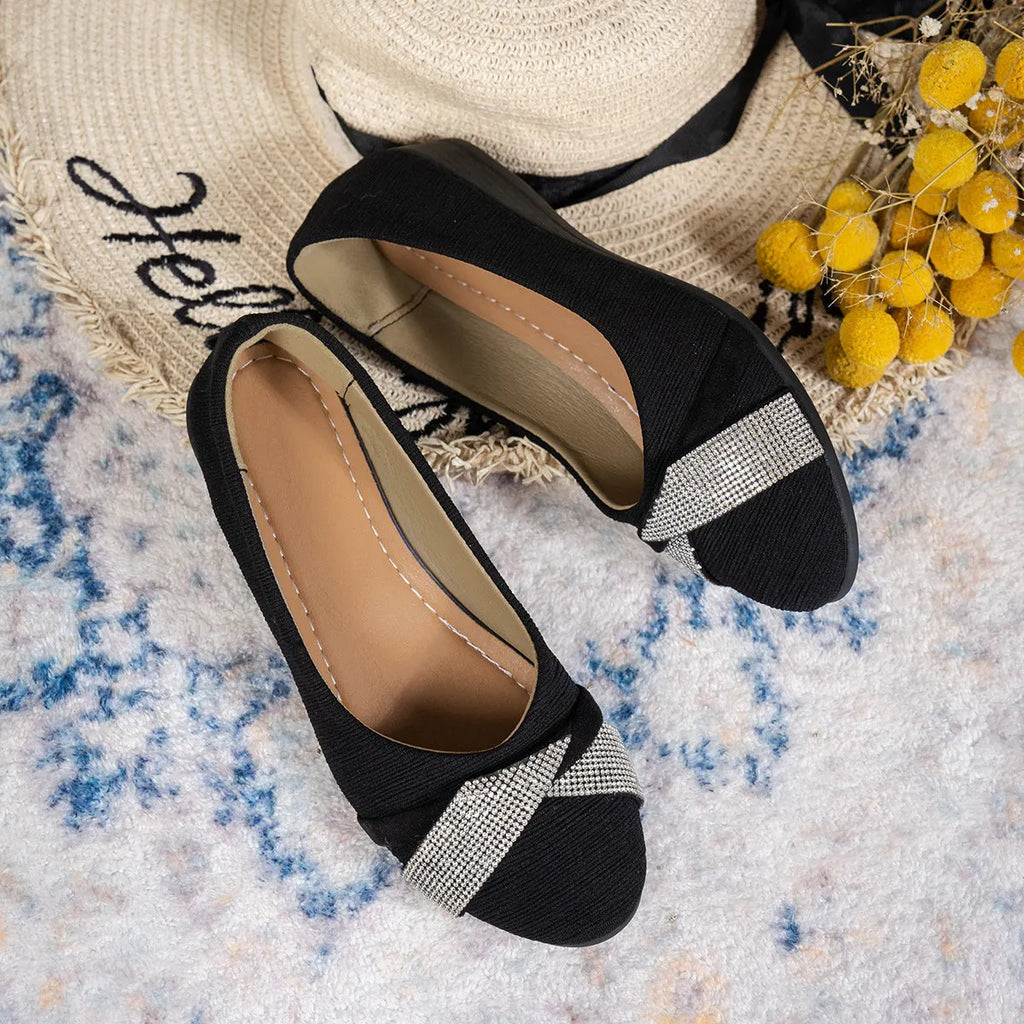 Black women's slip-on shoes with rhinestone decoration and chunky heel