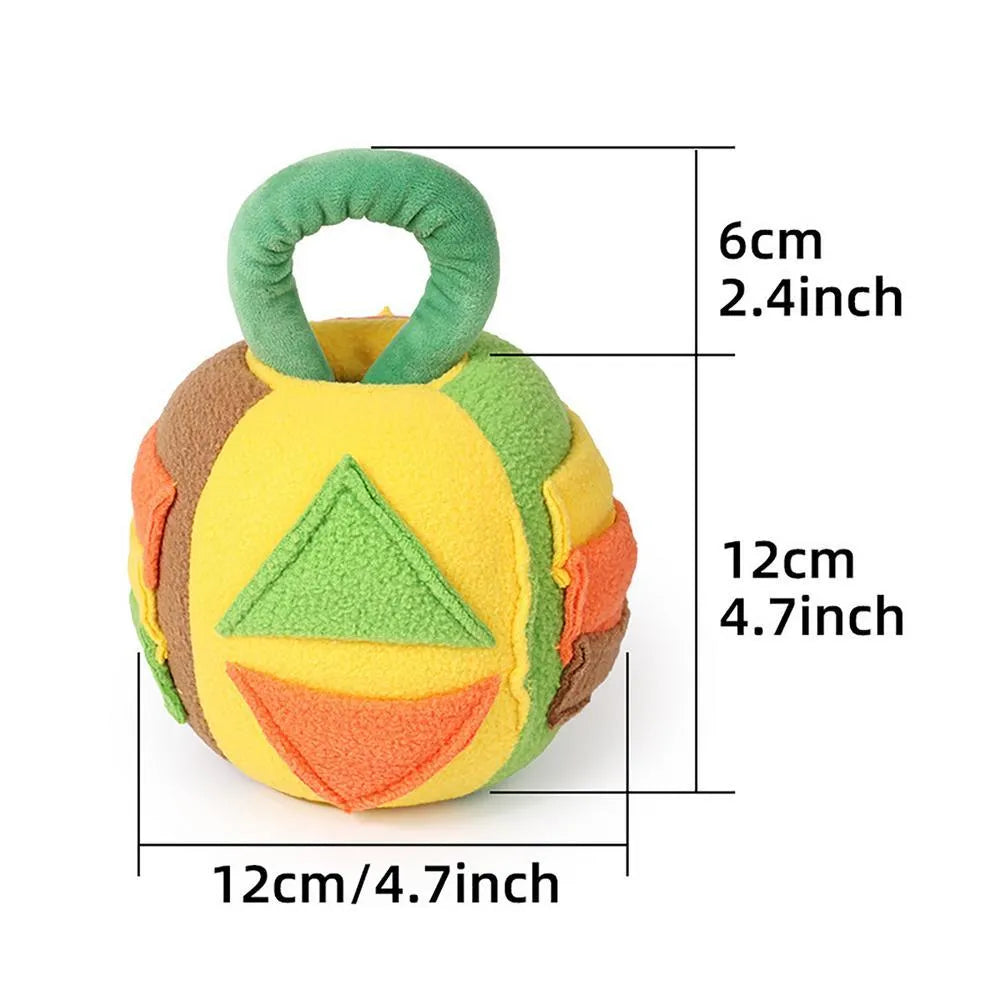 Pink and green plush squeaky ball dog toy with treat pockets and noisemaker