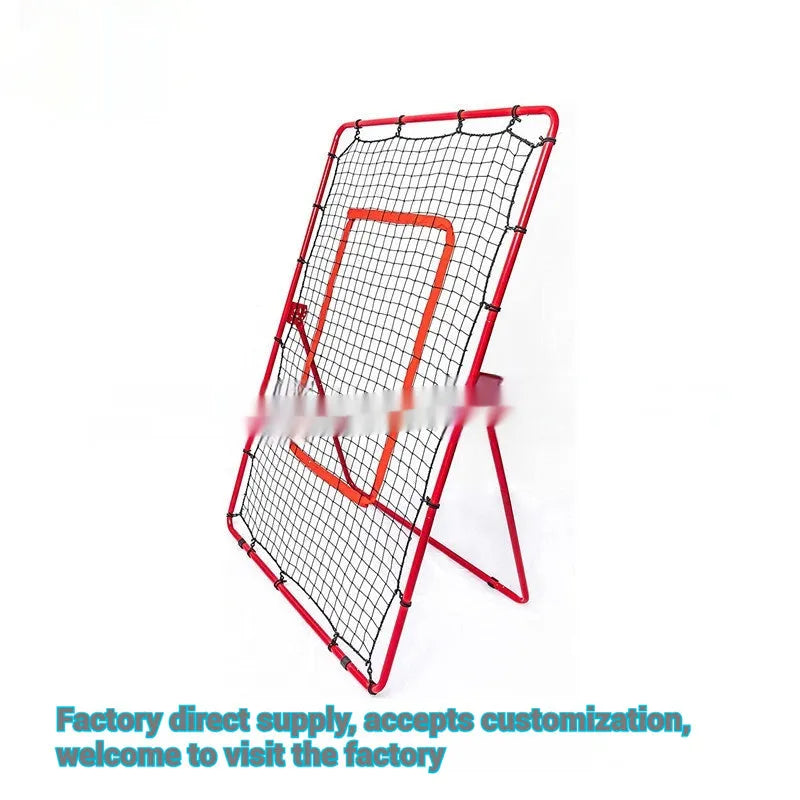 Red 4x6ft baseball training net with metal frame shown in portable folded position