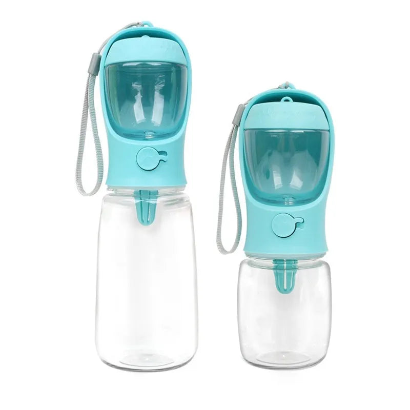 Blue portable plastic dog water cup with attached drinking bowl for outdoor use