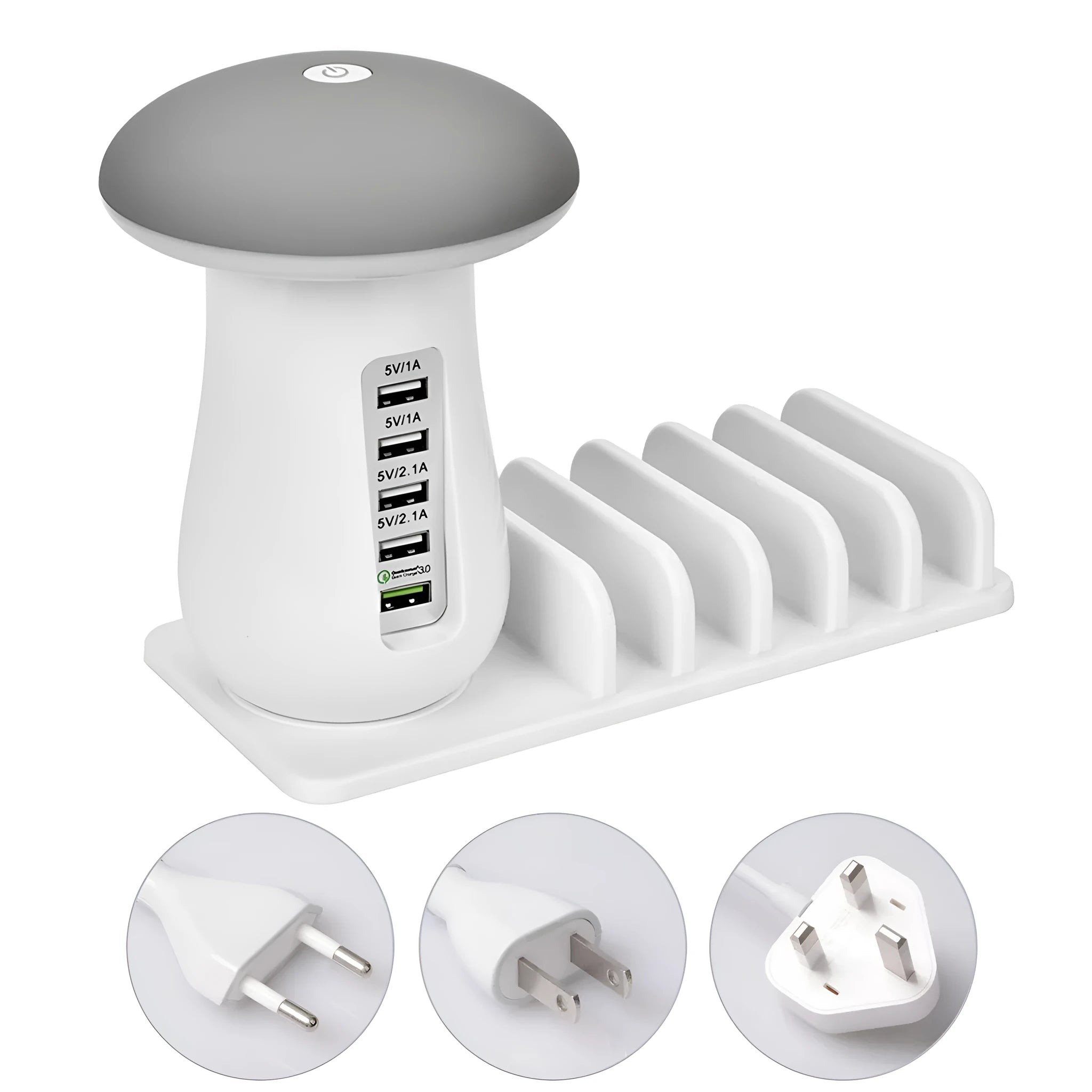 White mushroom-shaped USB charging dock station with five ports and a built-in LED night lamp on a desk.