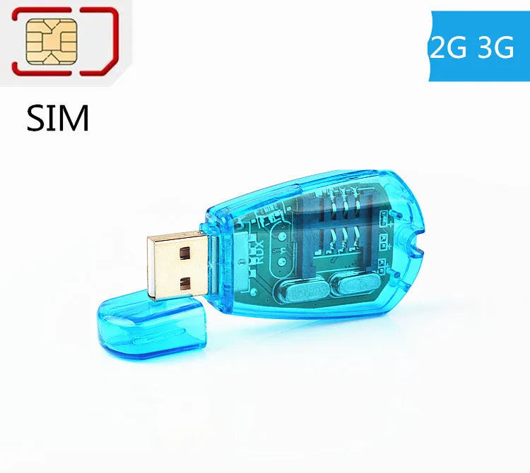 Blue USB SIM card reader for mobile phone data management on computer