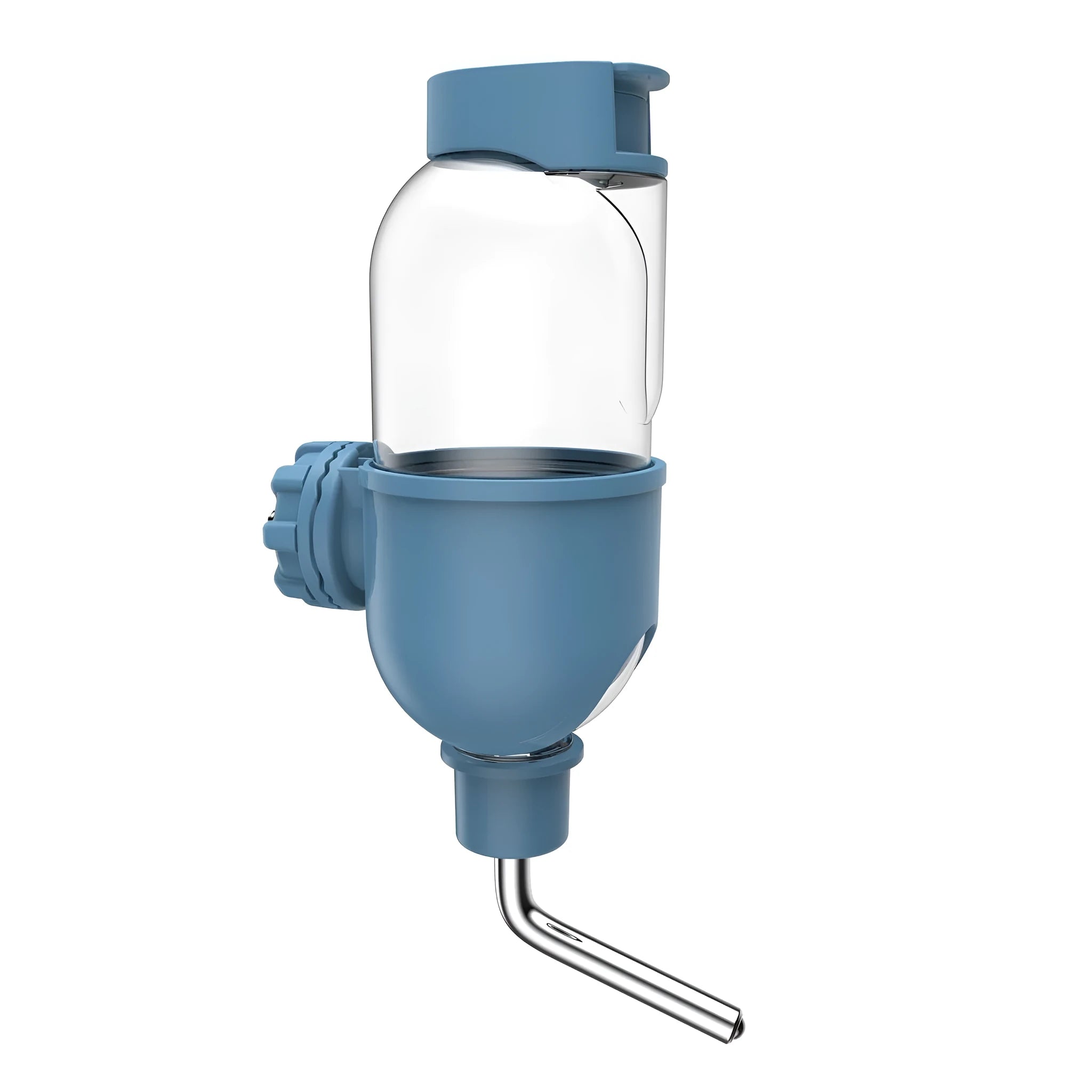 Blue small animal cage water bottle with rotatable nozzle and metal clip for rabbits and guinea pigs.