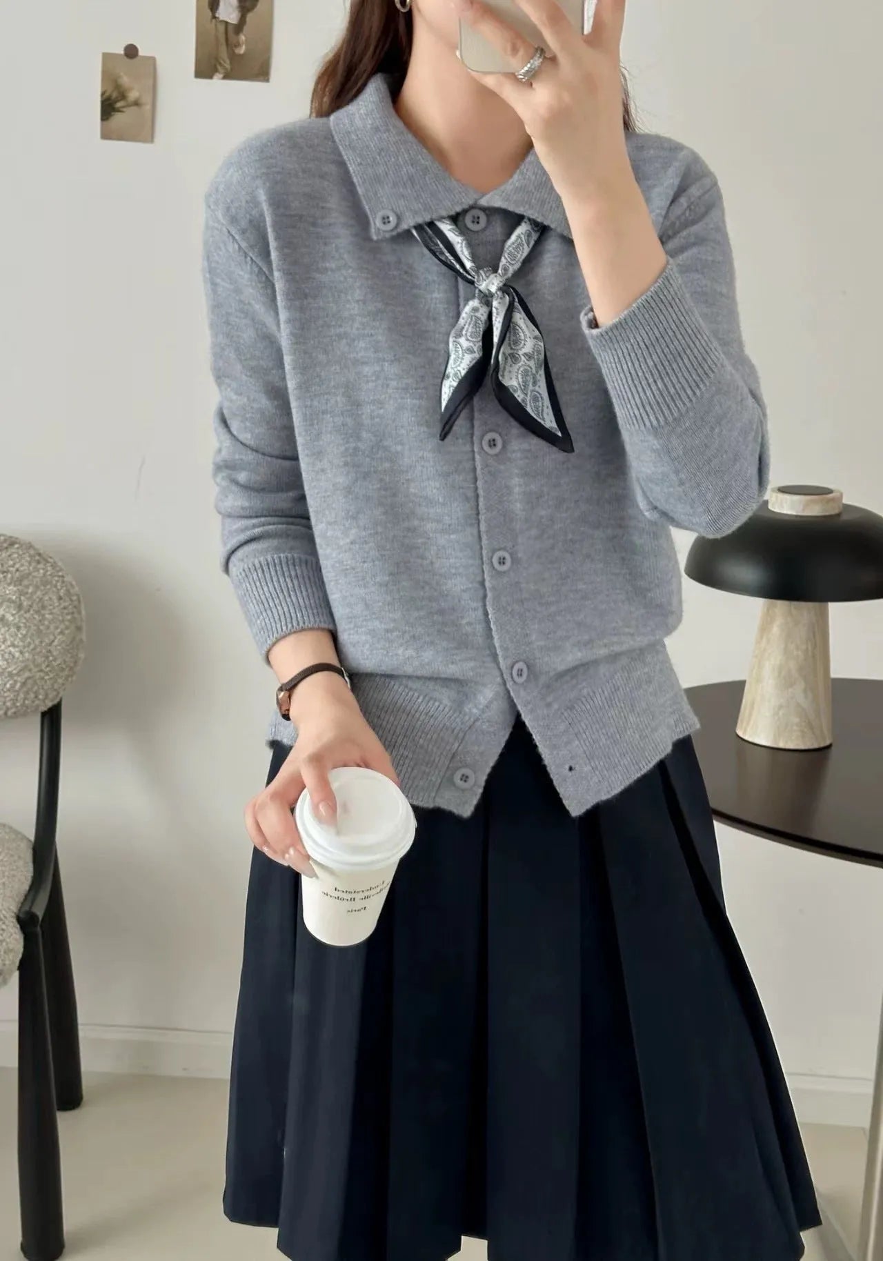 Women's lapel scarf sweater cardigan in acrylic fibre available in four neutral colours