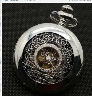 Retro automatic mechanical pocket watch with floral print dial and transparent case back in alloy construction