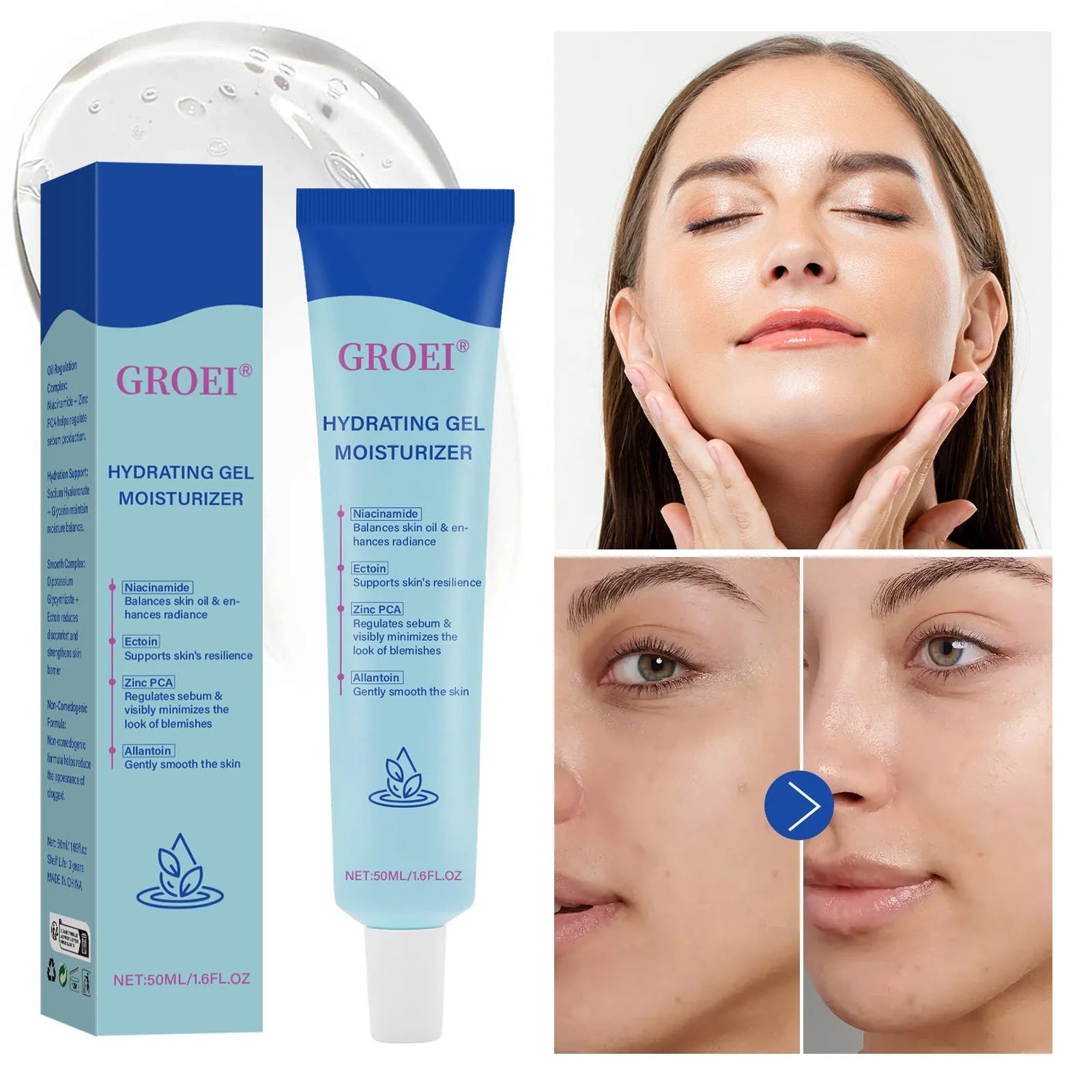 50ml tube of hyaluronic acid moisturising facial gel with clear gel texture