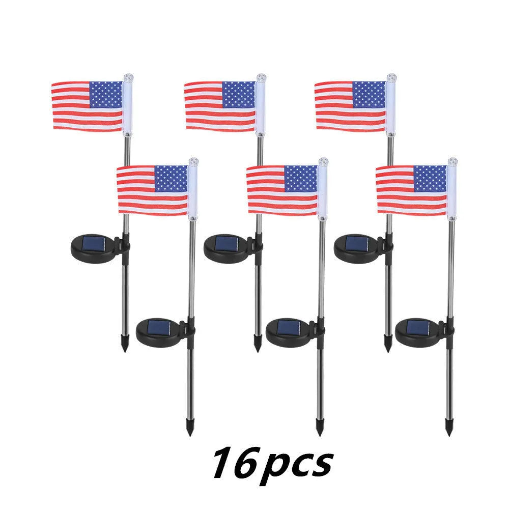 Solar garden flag light with stainless steel pole showing either American or British flag design.