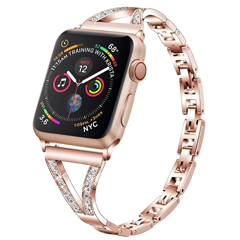 Diamond-studded stainless steel watch strap in gold colour for 38-44mm smartwatches
