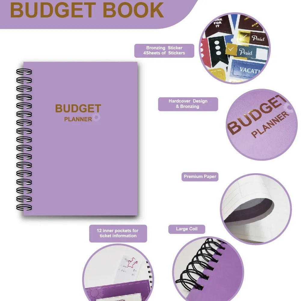 J12 purple coil-bound financial planning notebook with pen and sticker accessories for monthly budgeting