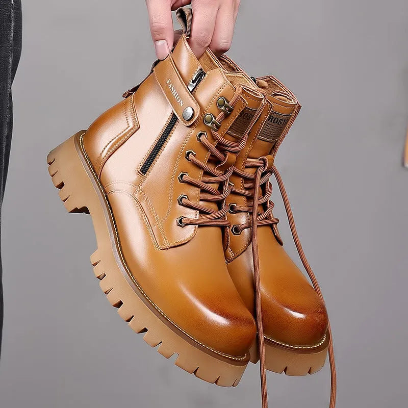 Men's light brown Martin boots with thick rubber sole and side zipper closure