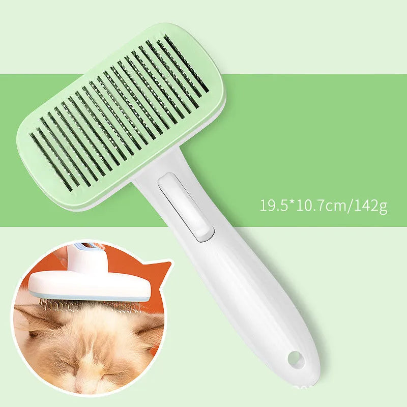 Automatic pet hair removal comb for dogs and cats in blue, grey, green or pink.