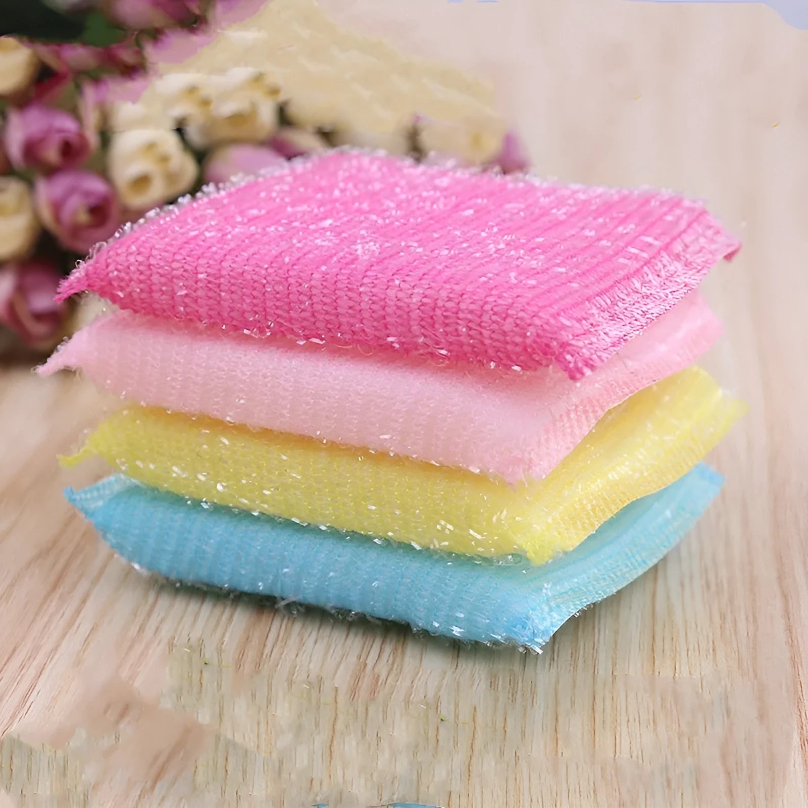 Pinstripe fabric dishwashing sponge mop in macaron colours with plastic handle for wet and dry cleaning