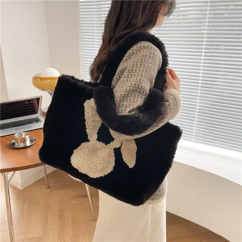 Plush rabbit ears tote bag in solid colour with shoulder strap and large capacity design