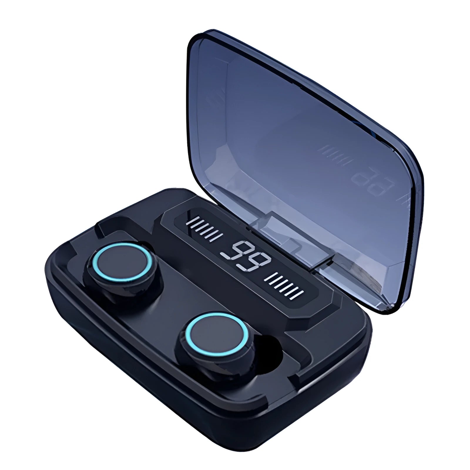 Black M11 style Bluetooth wireless headset with charging case featuring an integrated mobile phone holder.