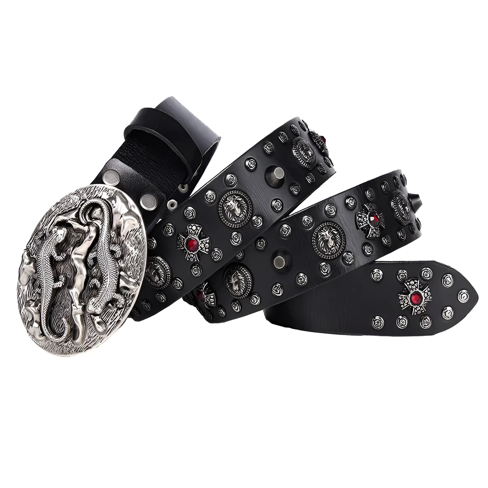 Men's black leather belt with punk-style rivets and a silver alloy buckle, laid flat showing length.