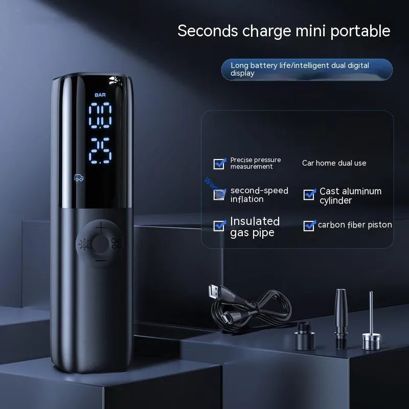 Black portable electric vehicle air pump with tyre pressure gauge and plug-in connector