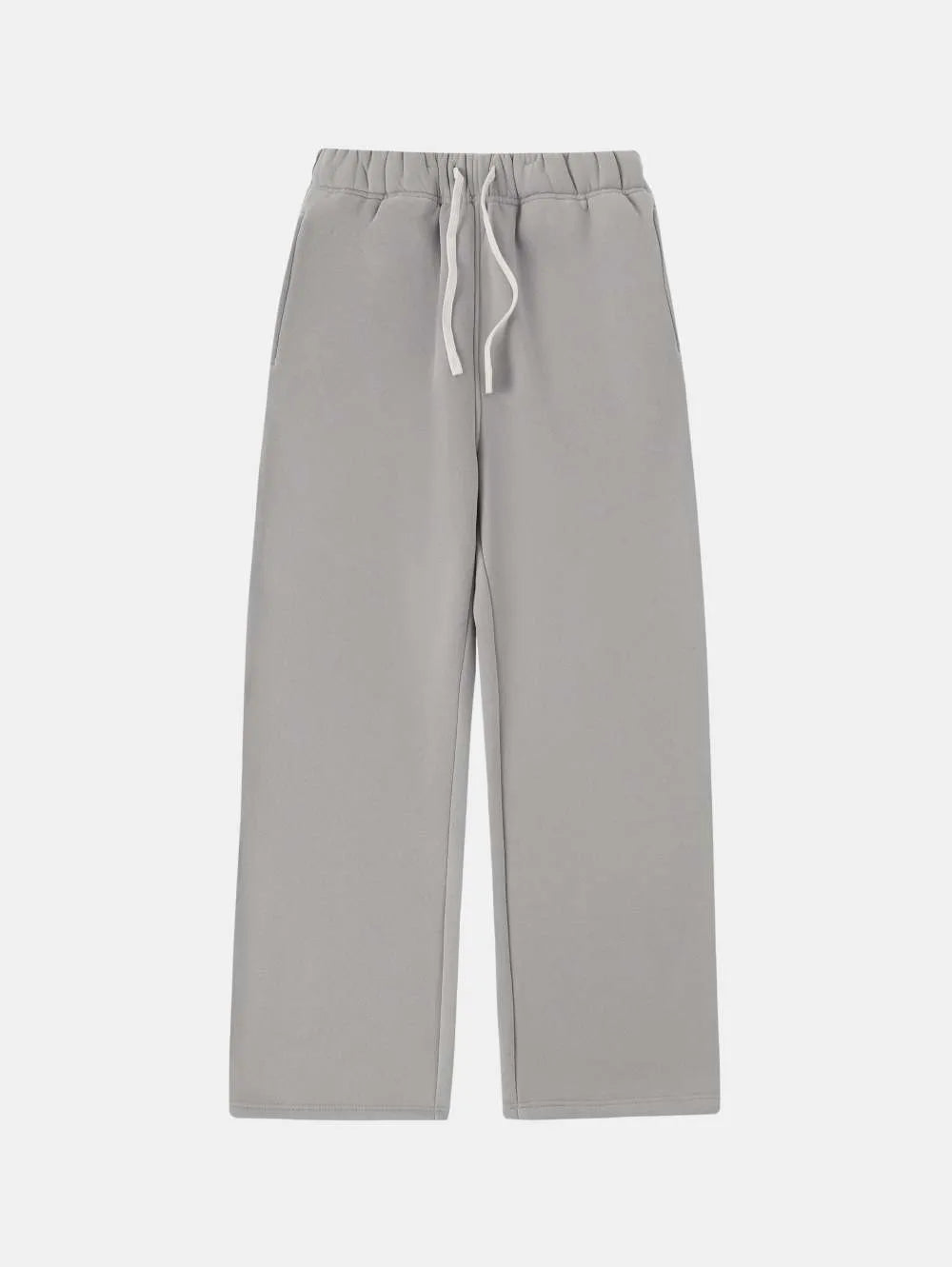 Men's grey fleece-lined sweatpants with elastic drawstring waistband and loose fit design