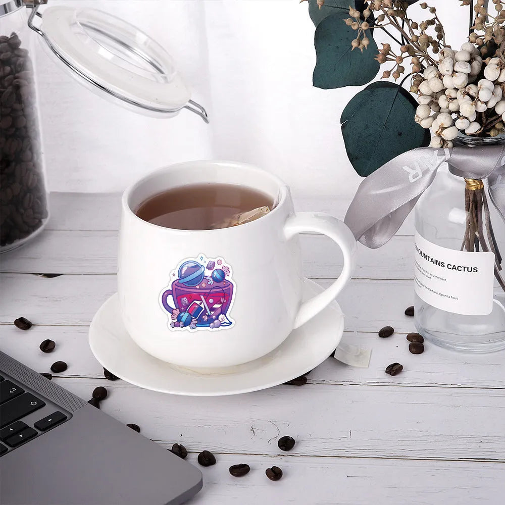 Colourful tea cup graffiti design waterproof stickers in a pack of 50 for scooter and luggage customisation.