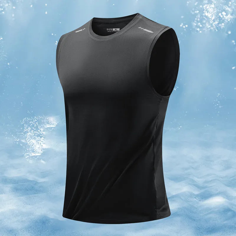 Men's loose fit sleeveless waistcoat vest in a solid colour, showing straight hem design.