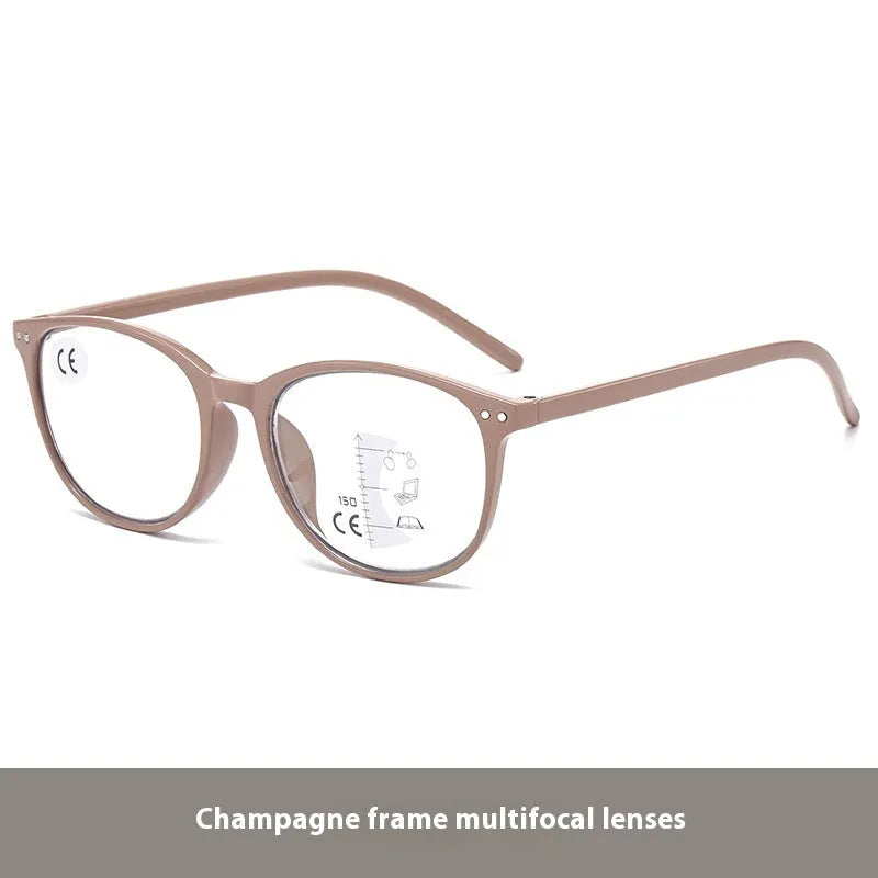 Women's ultra-light presbyopic glasses with multi-focus lenses shown in black and blue frame colour