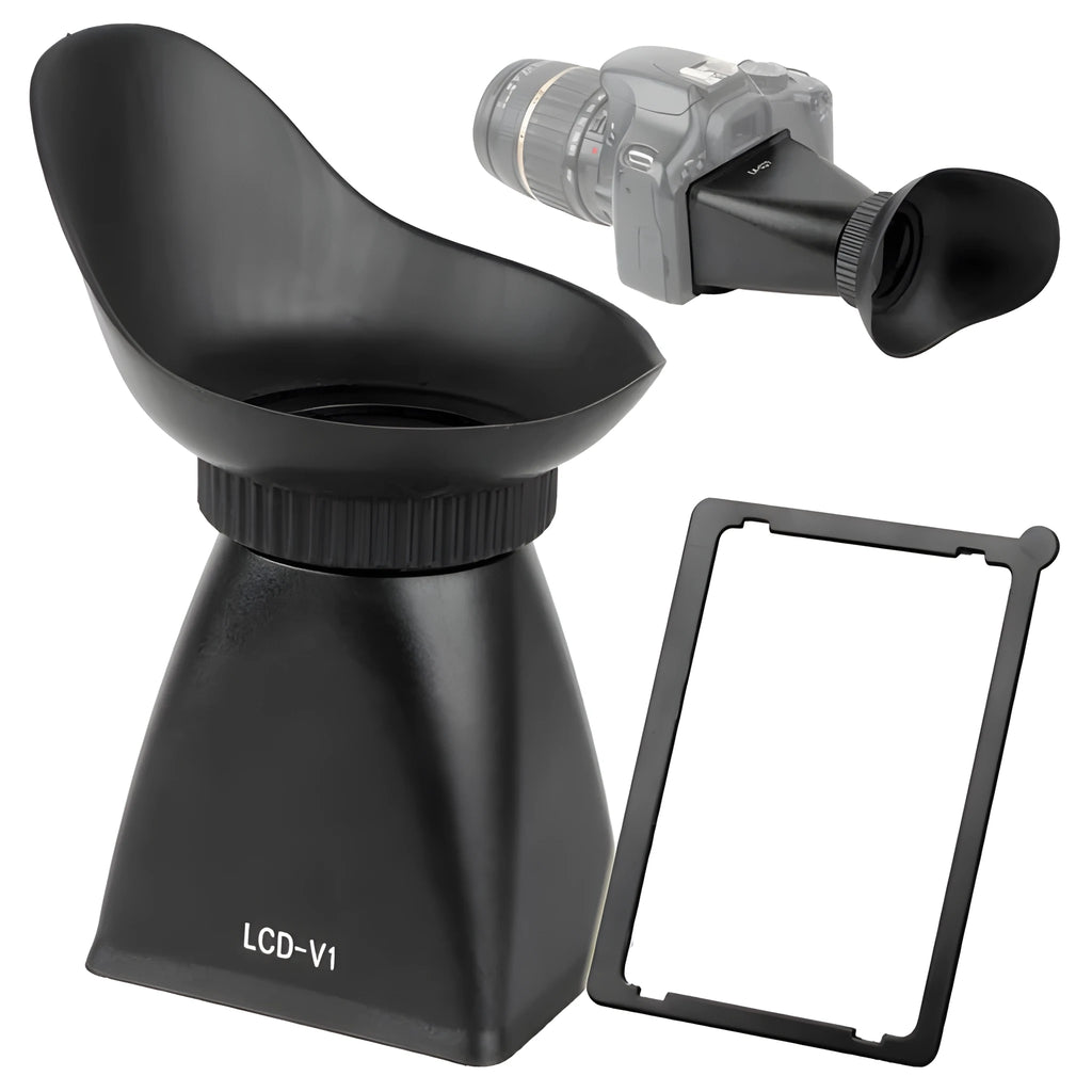 Black camera framing amplifier with optical lens, shown mounted on a DSLR camera LCD screen.