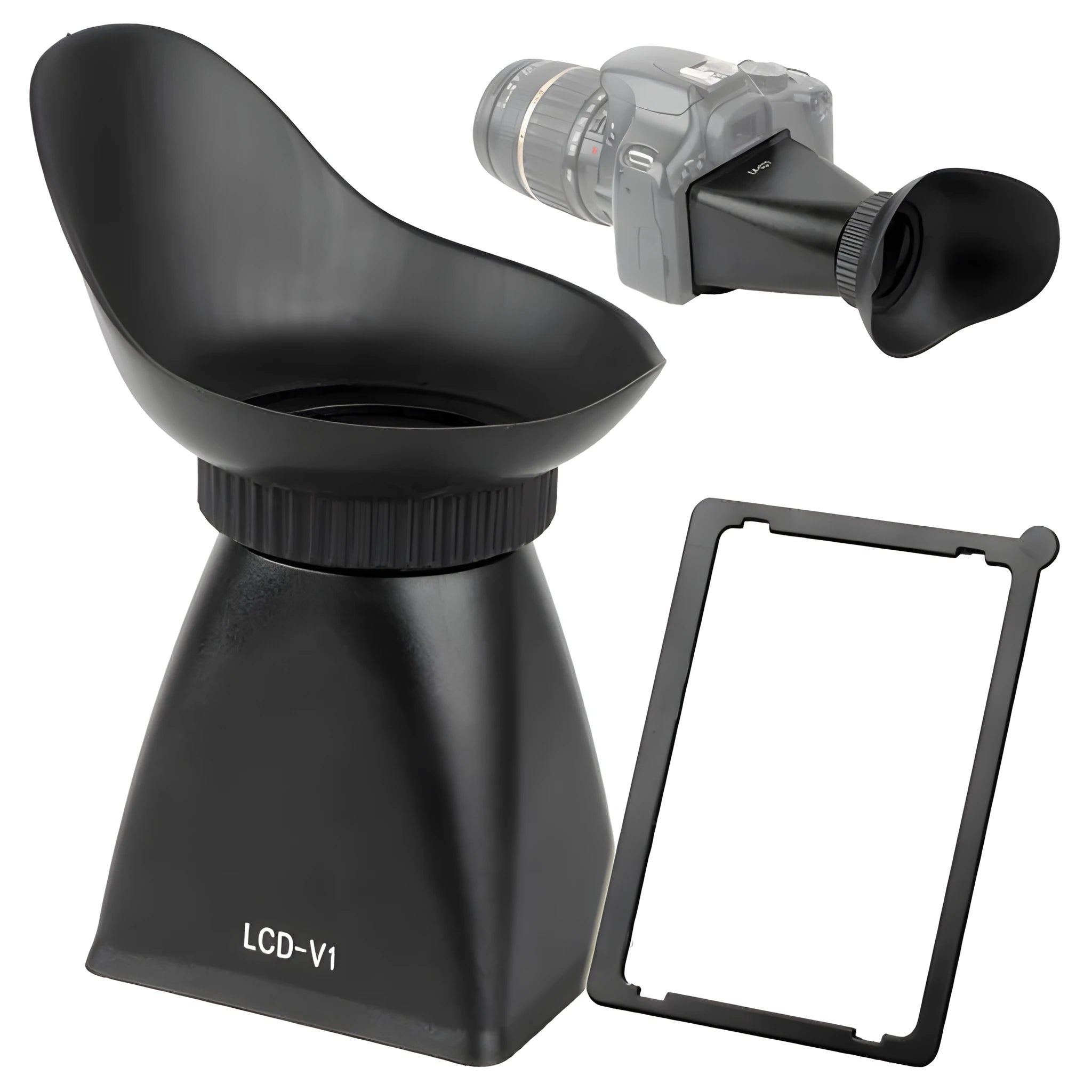 Black camera framing amplifier with optical lens, shown mounted on a DSLR camera LCD screen.