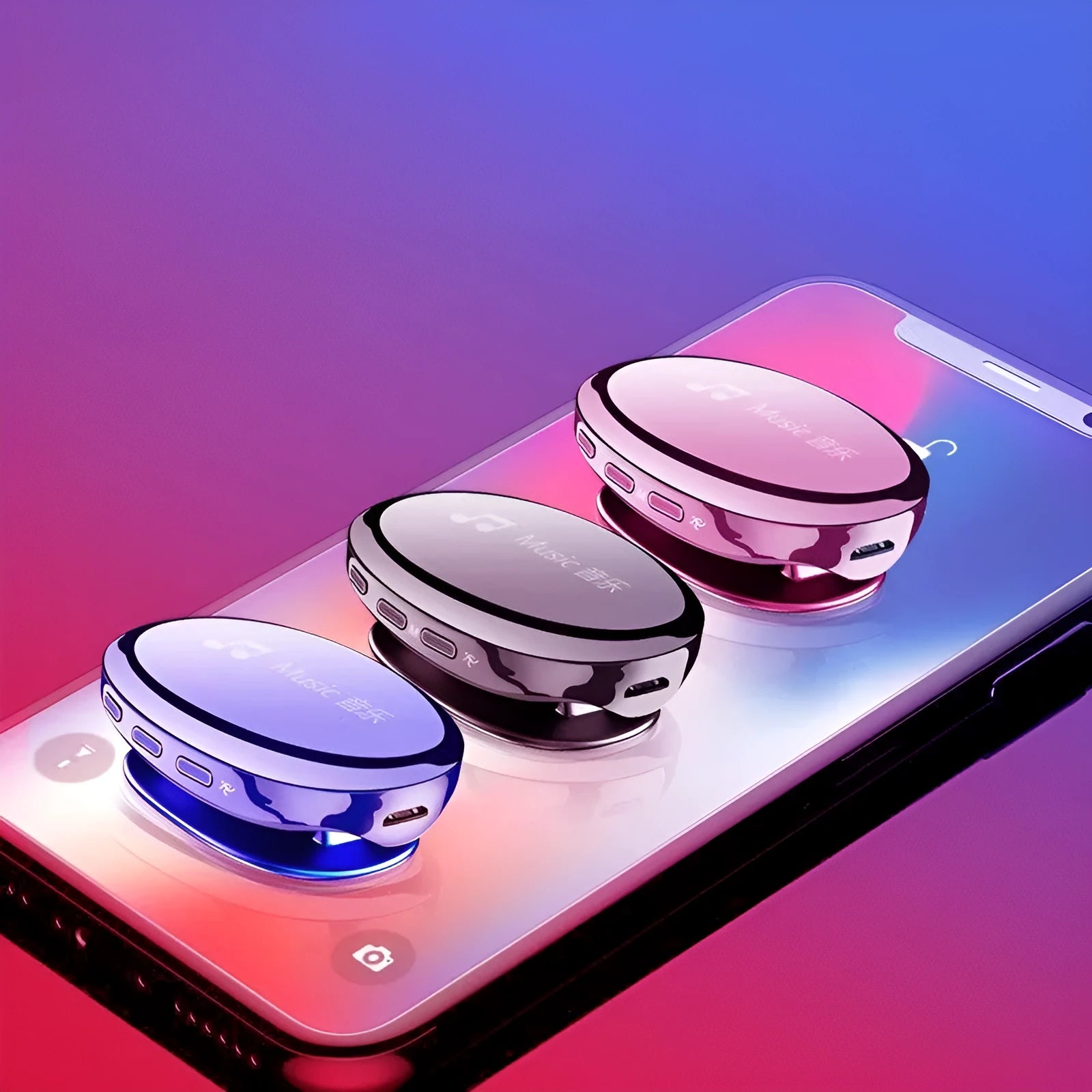 Bluetooth MP4 music player with OLED screen in blue, black or rose gold colours showing playback controls