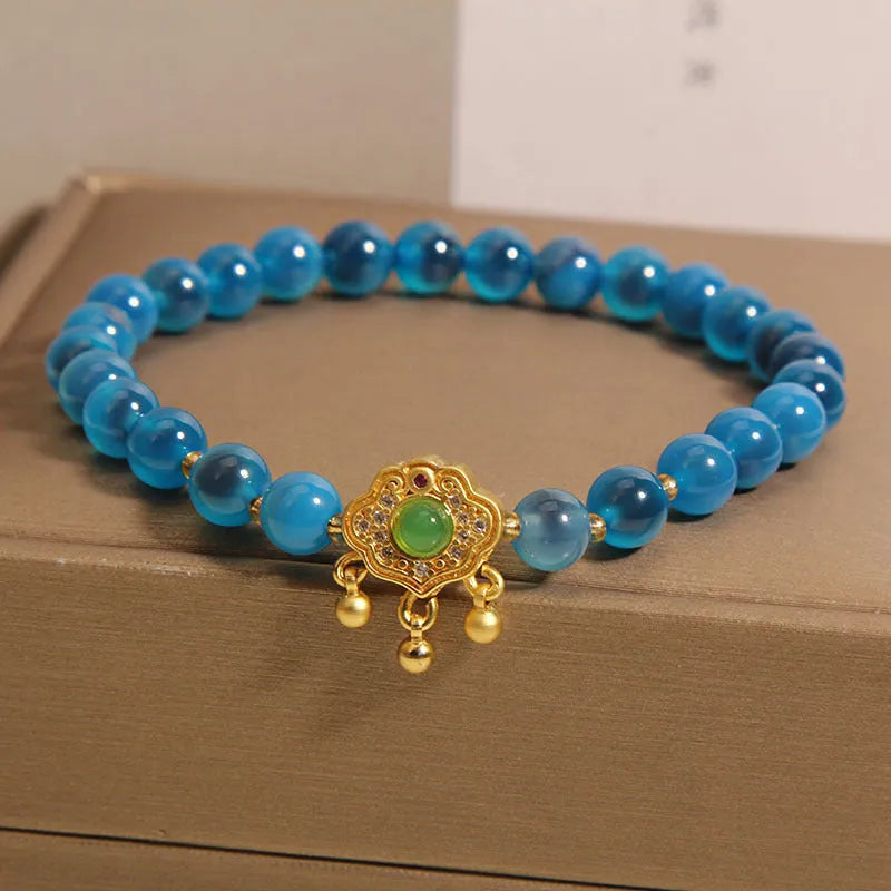 Blue sugar heart agate crystal bracelet with safety lock pendant for women