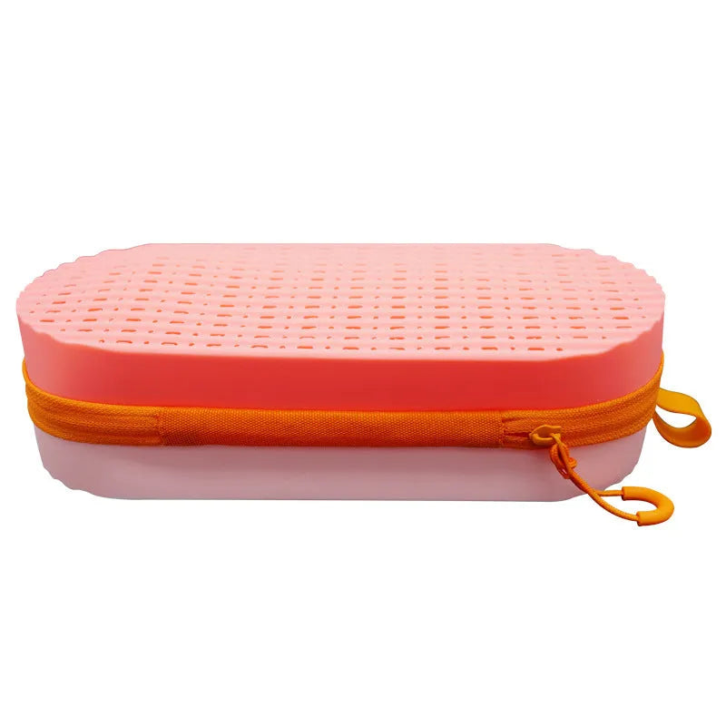 Silicone hard glasses case with a long carry handle shown in rose red light purple colour.