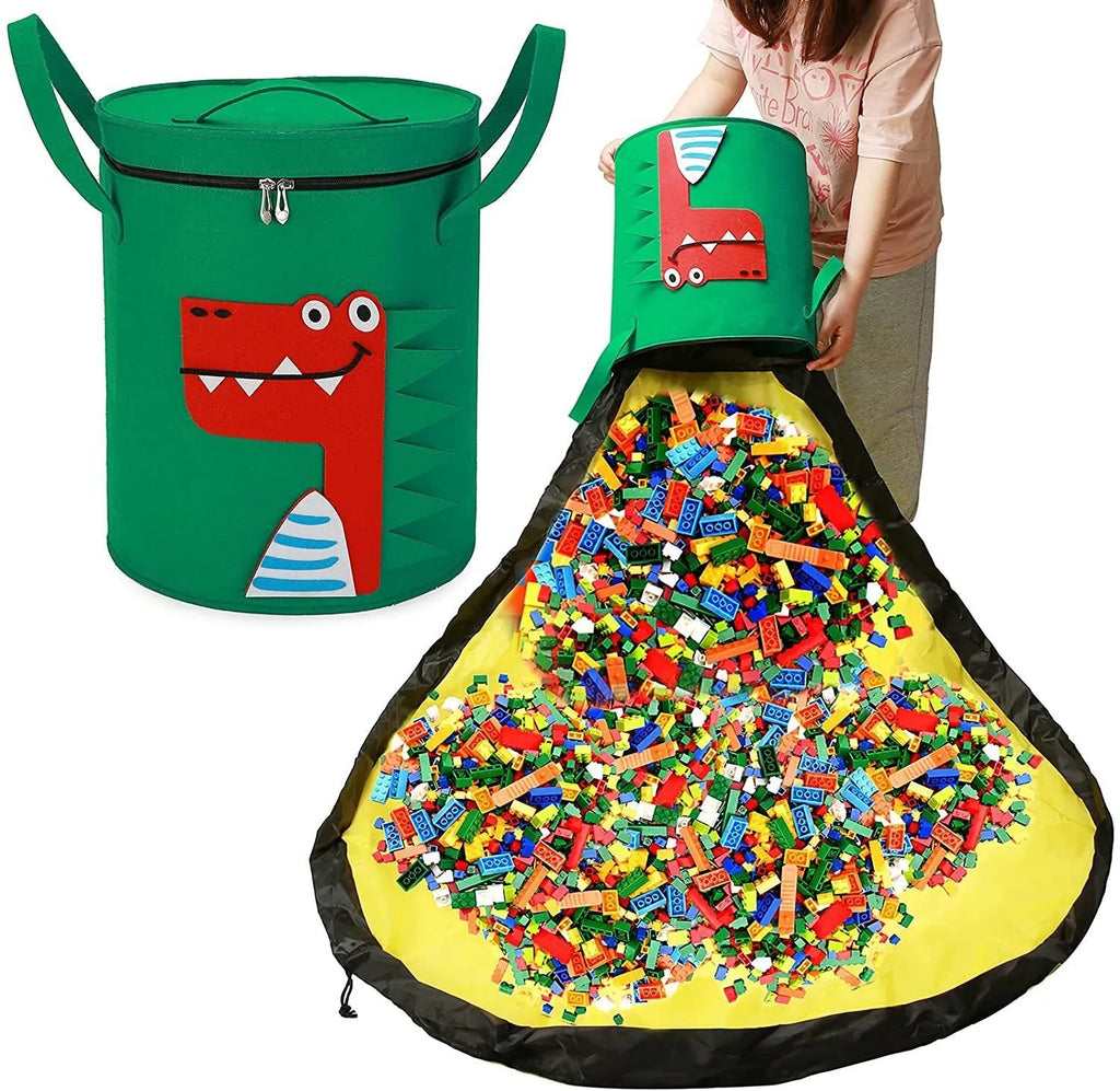 Green felt cube storage bag with pull rope serving as toy organiser and play mat