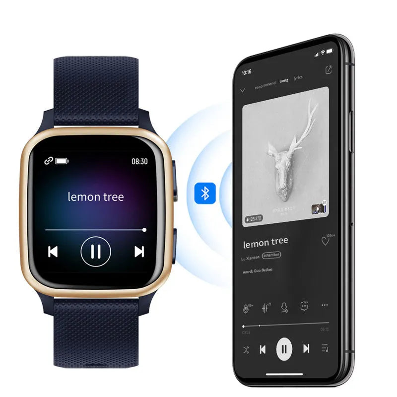 Smart bracelet fitness watch with Bluetooth call function on wrist, shown in black, blue, green, and pink colour options.