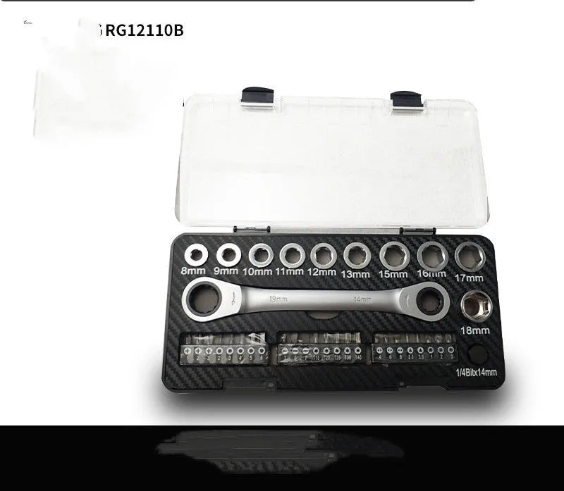 Dual-purpose ratchet wrench set with two-way mechanism, 10 sockets and 3 bit heads arranged on work surface