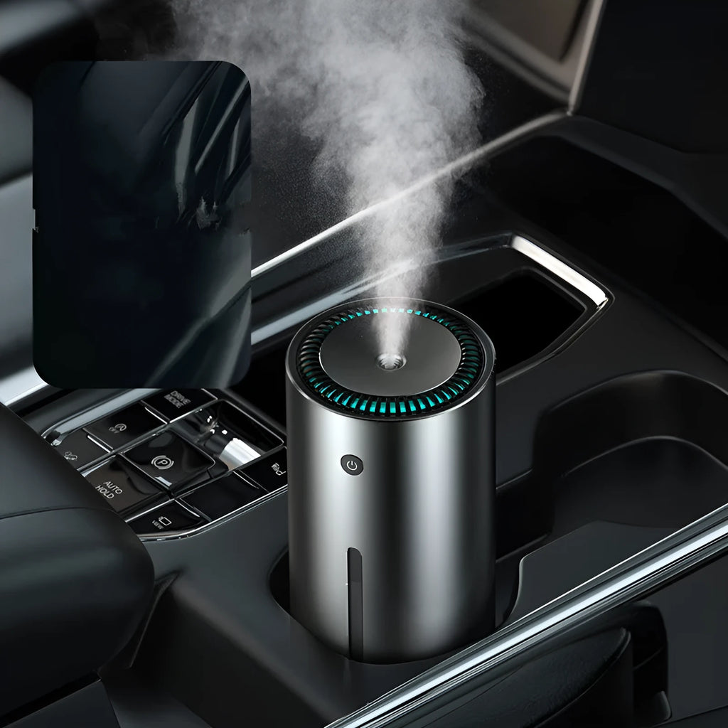 Black aluminium alloy car diffuser humidifier with USB cable for air purification and humidification.