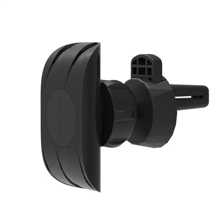A matte black universal car phone holder mounted on a car air vent, showing the adjustable arm and phone grip.