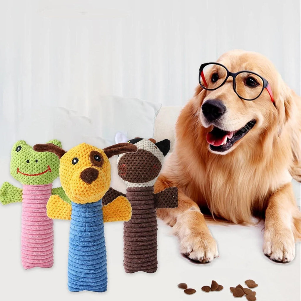 Squeaky plush dog chew toy in animal shape for dental cleaning, 19cm long