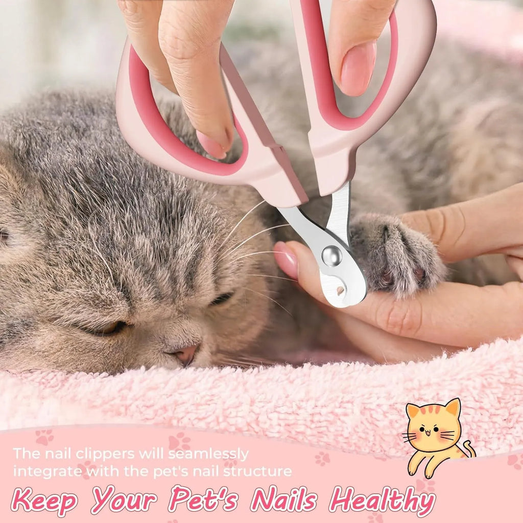 Blue cat nail clipper with positioning round hole and non-slip handle for safe pet grooming